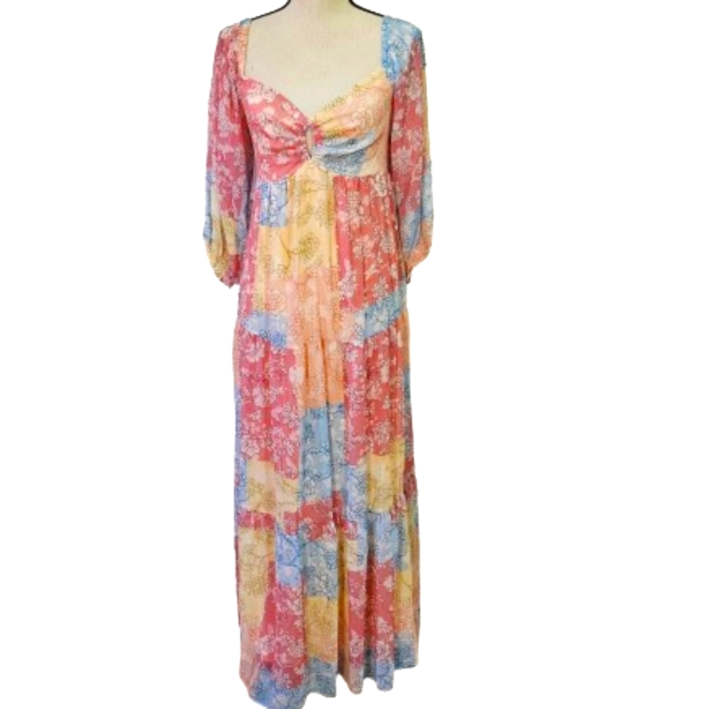Taylor Rose/Peach Patchwork Sweetheart Neckline Smock Back Maxi Dress,Size 6,NWT
